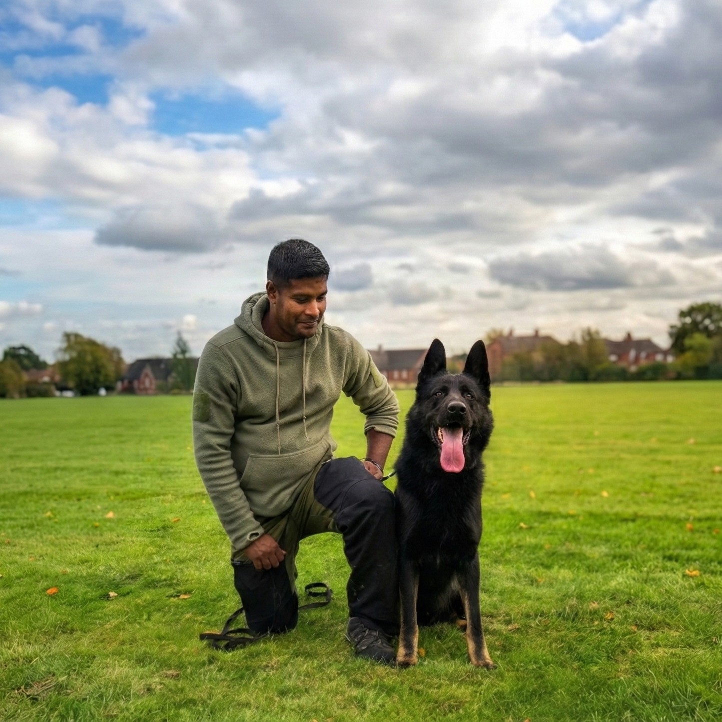 Happy dog with trainer